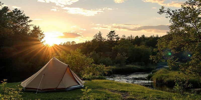 Abri de camping dans la nature au coucher du soleil.