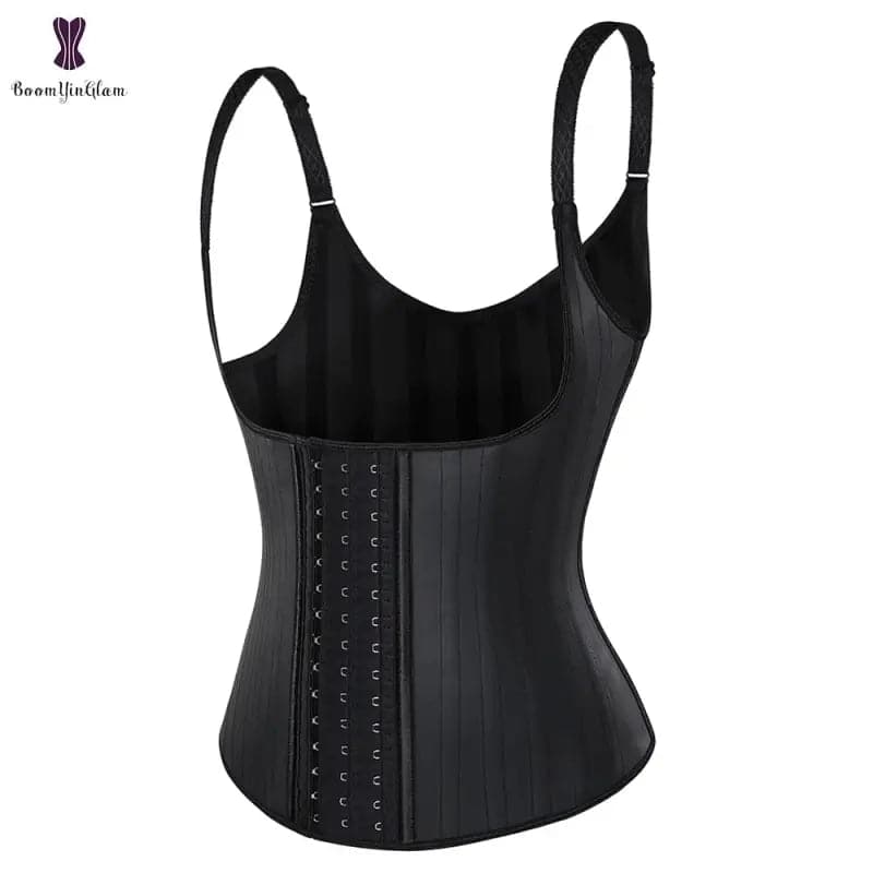 Corset de taille noir avec bretelles et fermetures auto-agrippantes.