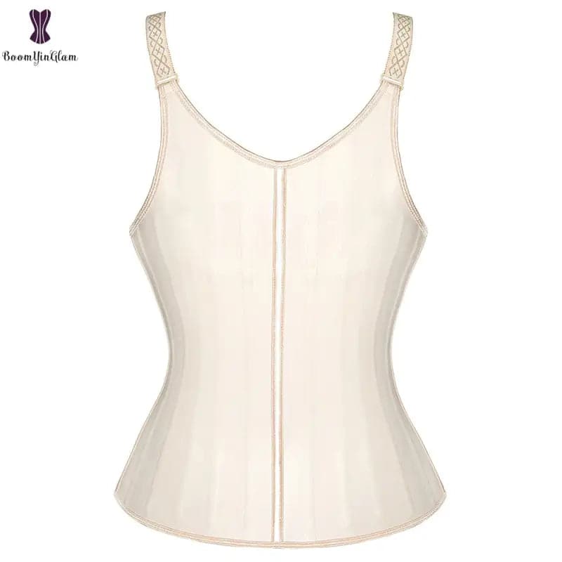 Top shapewear beige sans manches avec larges bretelles et décolleté en V.