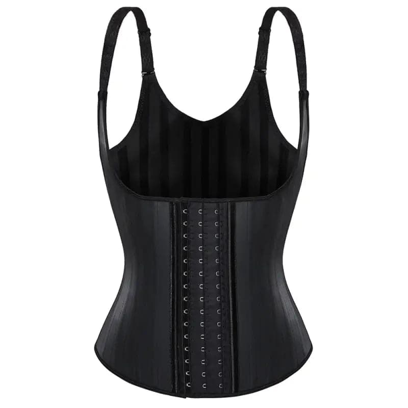 Corset d’entraînement de la taille en latex noir avec bretelles et fermetures auto-agrippantes.