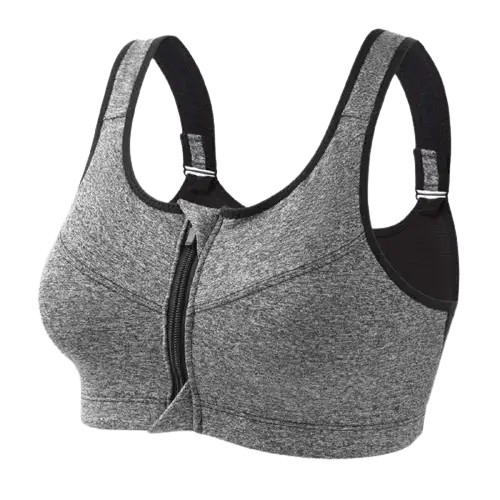 Soutien-gorge de sport zippé sur le devant, gris chiné avec bordures noires.