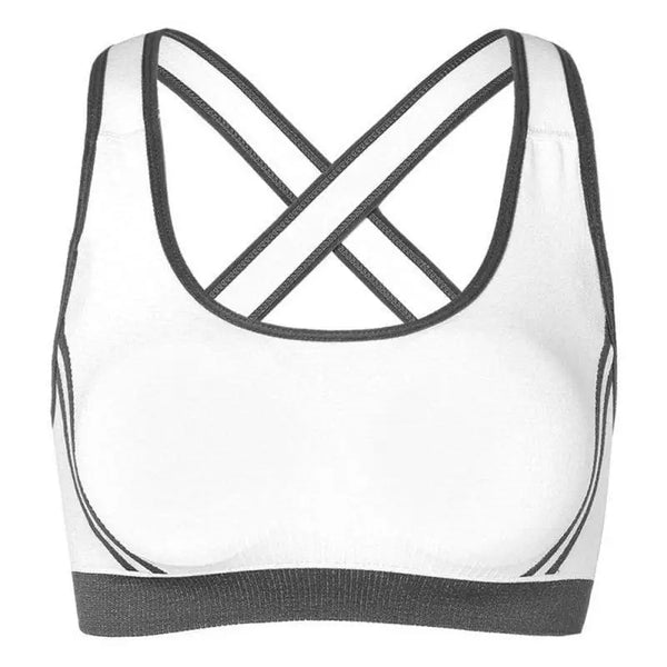 Soutien-gorge de sport blanc avec bretelles croisées et bordures foncées.