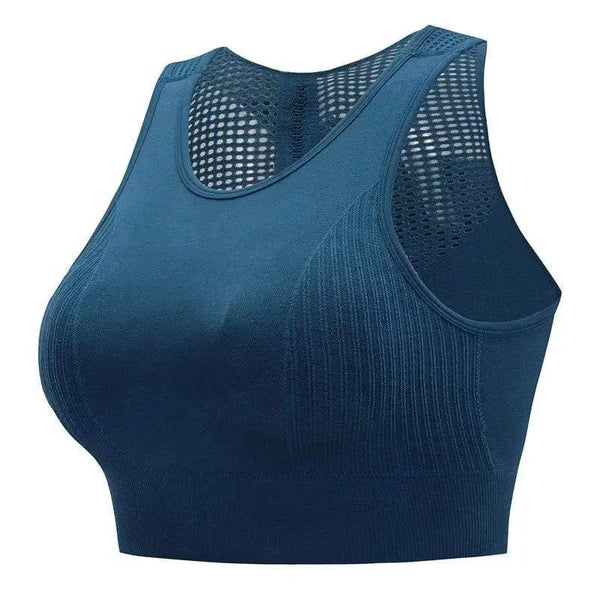 Soutien-gorge de sport bleu avec détails en maille sur la partie supérieure de la poitrine.