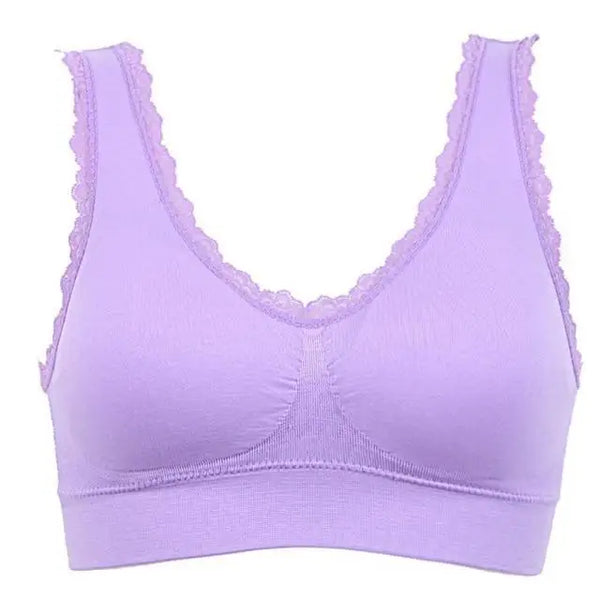 Soutien-gorge de sport de couleur lavande avec bordures en dentelle.