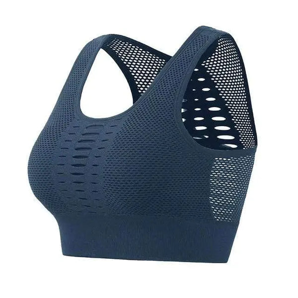 Soutien-gorge de sport bleu marine avec panneaux d’aération en maille.