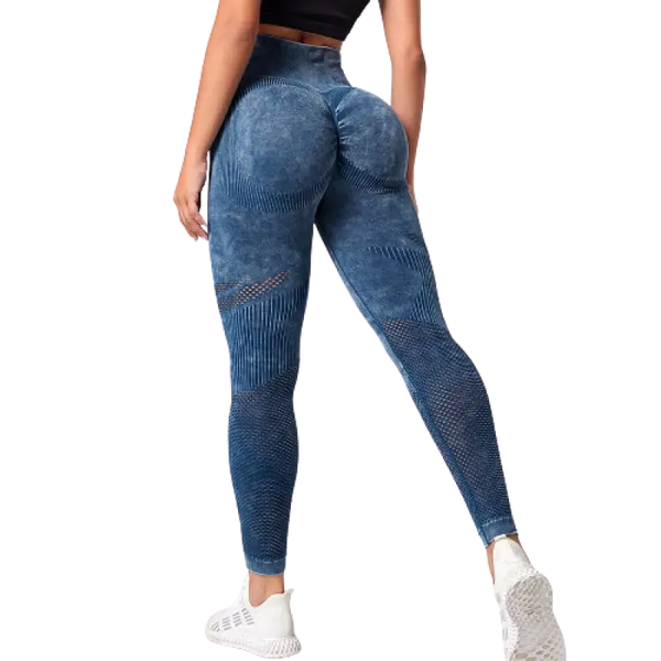 Leggings texturés bleus avec une taille haute et un design ajusté.