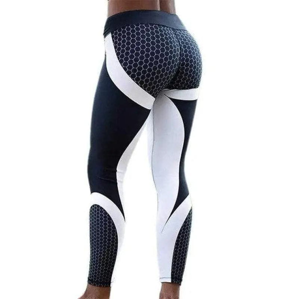 Paire de leggings athlétiques à motifs noirs et blancs avec une texture en nid d’abeille.