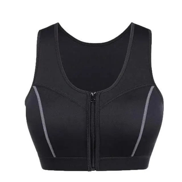 Soutien-gorge de sport noir avec fermeture à glissière sur le devant et coutures contrastées.