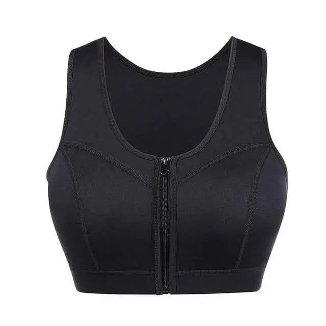 Soutien-gorge de sport noir avec fermeture à glissière sur le devant.