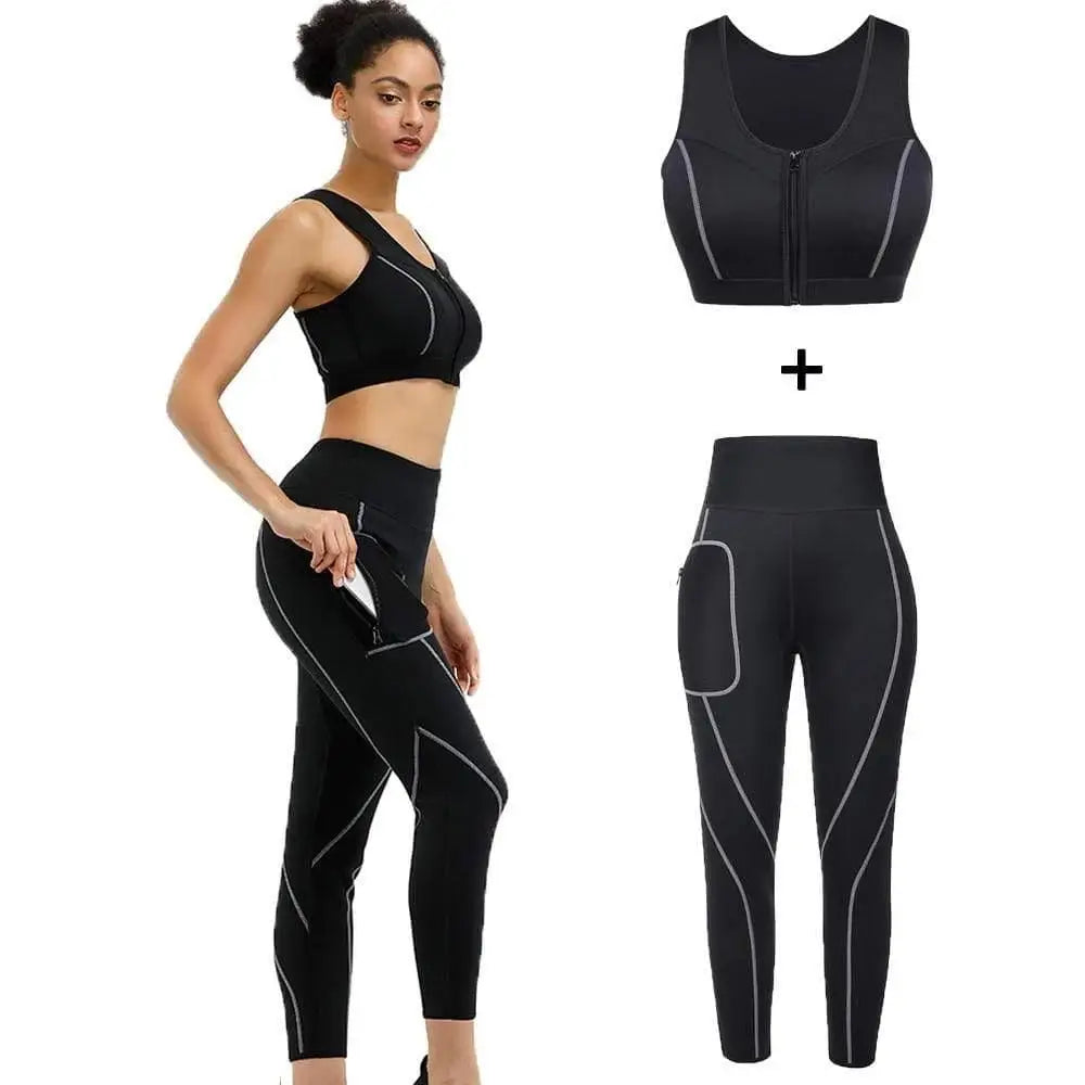 Ensemble de vêtements de sport noirs composé d’une brassière de sport et d’un legging taille haute avec des détails de passepoils contrastés.