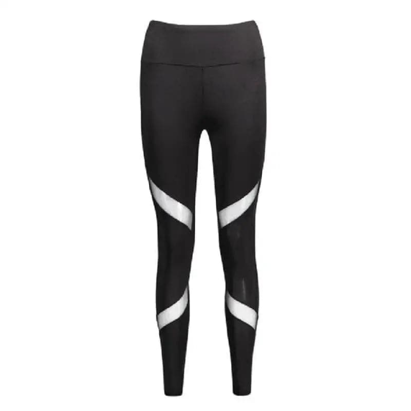 Leggings athlétiques noirs avec des bandes diagonales blanches sur les jambes.