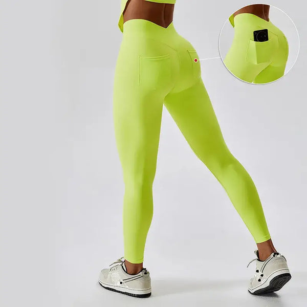 Leggings d’athlétisme à taille haute jaune fluo avec une petite poche.