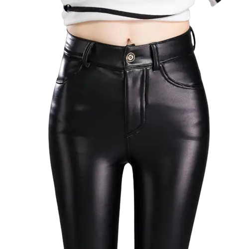 Pantalon ou legging en cuir noir brillant avec une taille haute.