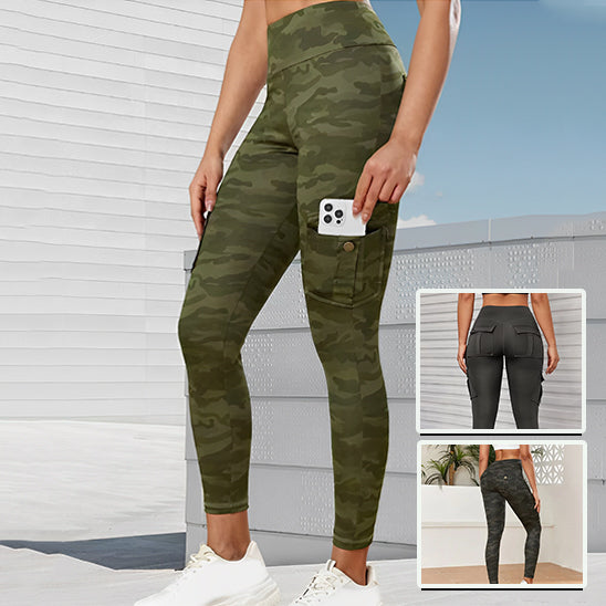 Leggings à motif camouflage avec poche latérale pour smartphone.