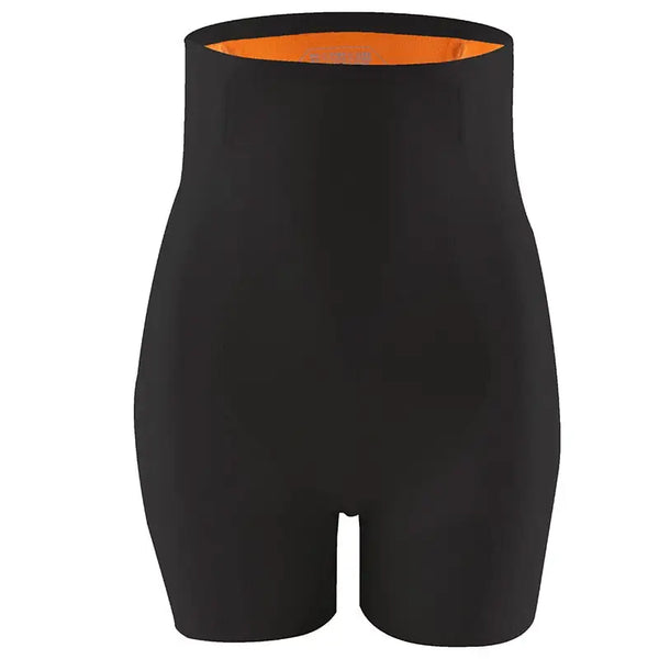 Short noir à taille haute avec ceinture intérieure orange.