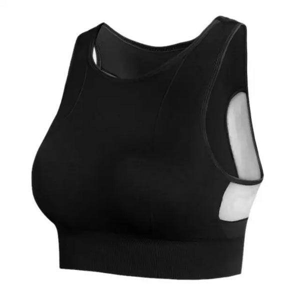 Soutien-gorge de sport noir avec empiècements latéraux blancs.